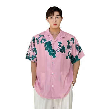 Letní Muži Tričko Krátký Rukáv Kubánské Límec Vintage Módní Volné Ležérní Růžový Tisk Košile Mužské Korean Streetwear Tričko