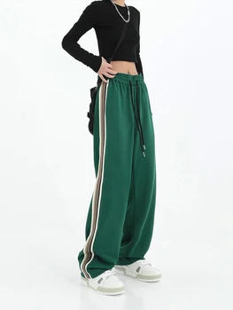 Módní Vintage Zelené Klasické Dlouhé Kalhoty Kalhoty Vintage Styl Vysokým Pasem, Šňůrky, Přední Krajka Up Lady Side Stripe Kalhoty