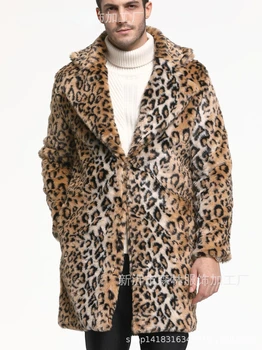 Teplé Zimní Svrchní oblečení Podzim Zimní Pánské Oblečení Umělé Kožešiny Kabát Žakárové Leopard Tisk Velké Klopy Top Dlouhý Kabát