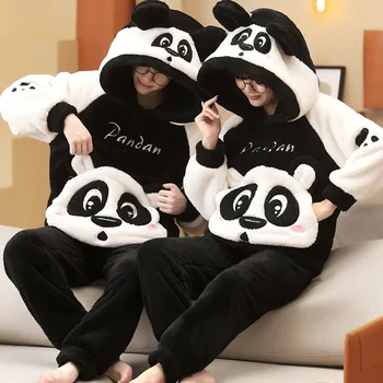 2KS Zimní Pár Pyžama Sada Ženy Muži Plyšové Měkké Zahustíme Pyžamo, oblečení na Spaní korejské Volné oblečení pro volný čas, Kreslený Panda Pyžama Oblek