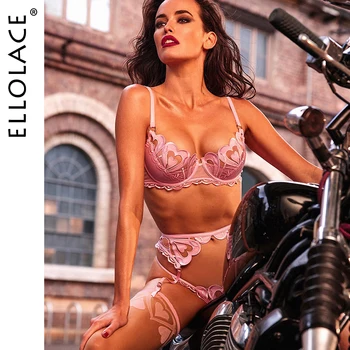 Ellolace Luxusní Spodní Prádlo 3-Kusů Světle Růžová Láska Vyšívání Jemné Spodní Prádlo Transparentní Podprsenka Podvazky Sexy Bilizna Intimní