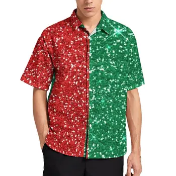 Sparkle Dva Tón Košile Havajské Červené A Zelené Třpytky Ležérní Košile, Halenky Krátký Rukáv Trendy Předimenzované