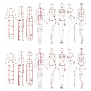 Módní Ilustrace Pravítka Kreslení Šablony, Pravítka Šicí Humanoidní Vzory Design Oblečení Měření