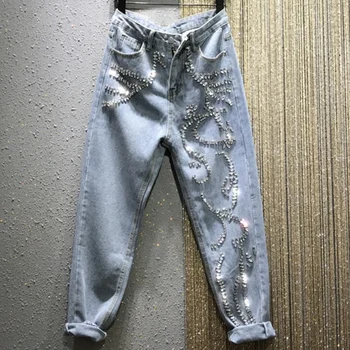 Drahokamu džíny ženy jaro léto Těžký Průmysl módní Korálky Vysokým Pasem Volné Rovnou Ležérní kalhoty cross