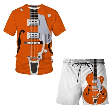 Nové Letní Muži Sportovní Oblek Kytara Vzor Pánské Oblečení 2 Ks Oblečení, Sportovní oblečení Krátký Rukáv Streetwear Fashion T-shirt Set