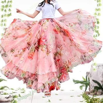 2019 Letní Bohemia Módní Sladký Roztomilý Dovolenou Růžové Květinové Šifónové Dlouhé Ženské Sukně Vzory Plus Velikost Faldas Largas Elegantes