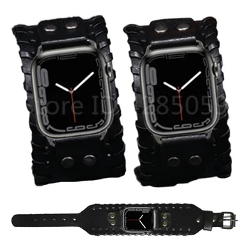 Retro Kožený Řemínek Pro Apple Watch 44 40 mm 42 38 mm 41 45 mm Watchband Punku Osobnost Náramek pro iwatch 7 6 SE 5 4 3 2 Correa