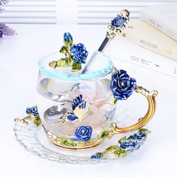 Kreativní Modré Růžové Smalt Crystal Čaj Šálek Kávy Hrnek Butterfly Rose Malované Květinové Vody Poháry z čirého Skla s Lžící Nastavit