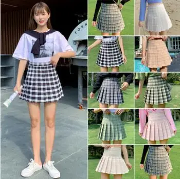 Sukně dámské letní 2021 nové korejské vysokým pasem tenký univerzální anti světlo-line Kostkované skládaný sukně sukně