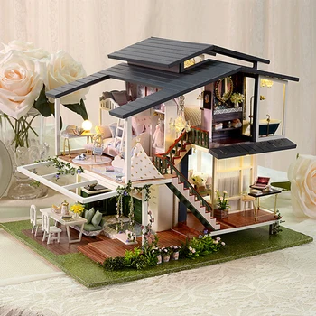 Velký Dům Diy Dollhouse Kit Roombox Miniaturní Panenka Dům, Nábytek Villa Dřevěný Zahradní Sestavit Hračky Pro Děti, Dárky K Narozeninám